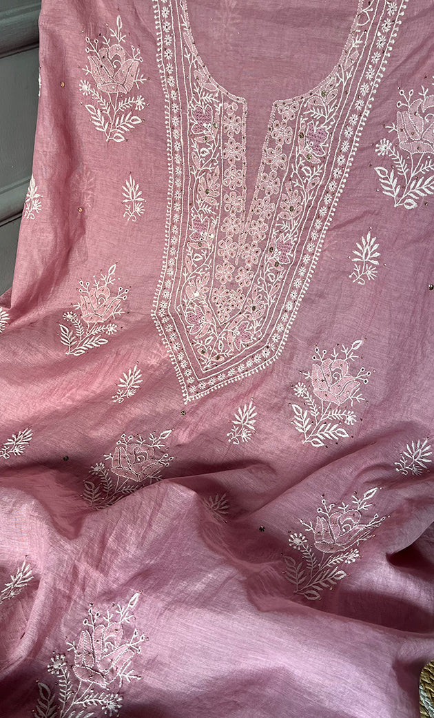 Women's Lakhnavi Handcrafted Mul Chanderi Unstitched Kurta And Dupatta Set - HONC0296490