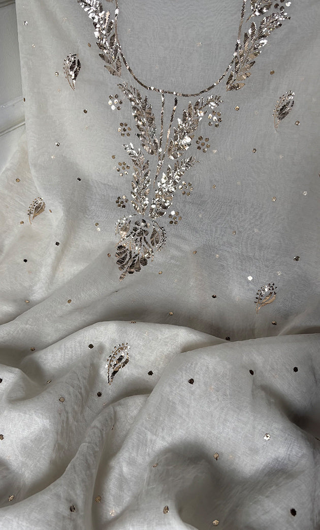 Women's Lakhnavi Handcrafted Unstitched Mul Chanderi Kurta And Dupatta Set - HONC0321821