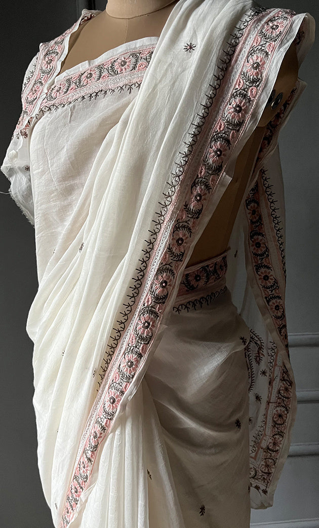 Women's Lakhnavi Handcrafted Mul Chanderi Chikankari Saree - HONC0301813