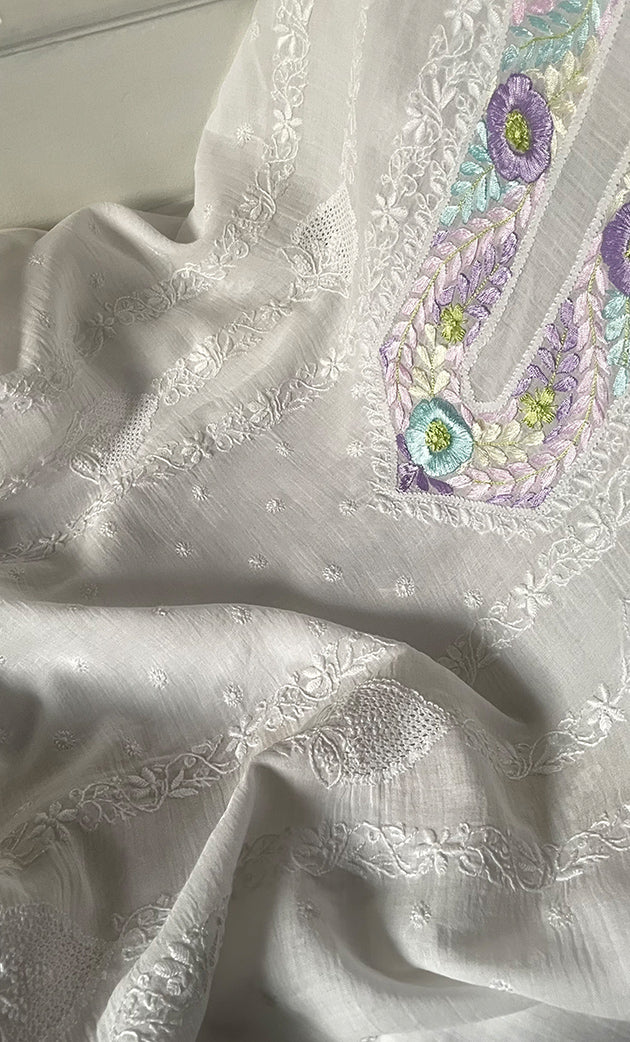 Women's Lakhnavi Handcrafted Unstitched Cotton Chikankari Kurta Dupatta Set - HONC0326101