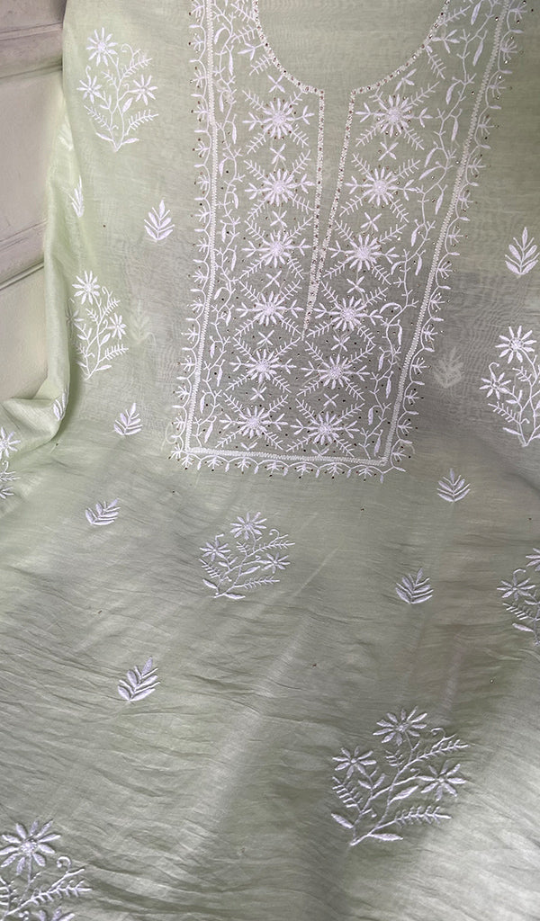 Women's Lakhnavi Handcrafted Mul Chanderi Unstitched Chikankari Full Suit - HONC0367574