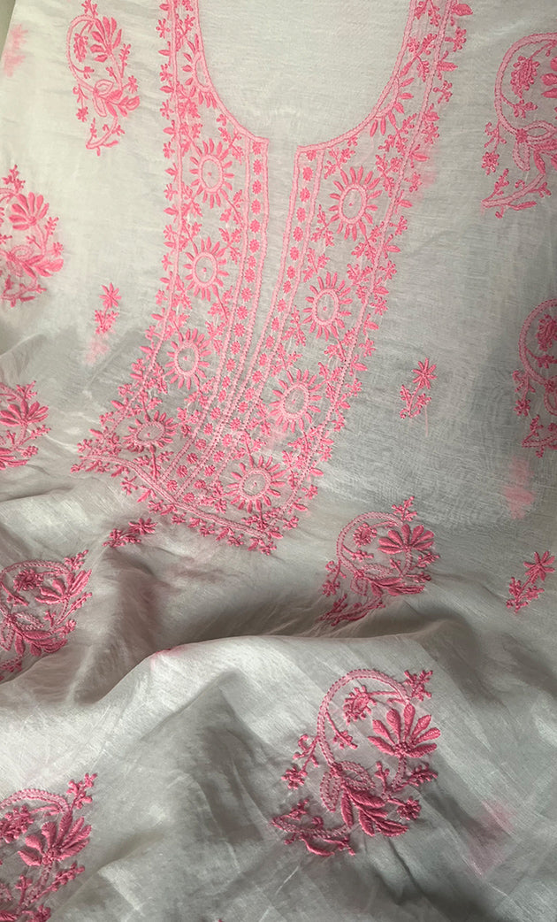 Women's Lakhnavi Handcrafted Mul Chanderi Unstitched Chikankari Kurta And Dupatta Set - HONC0321889