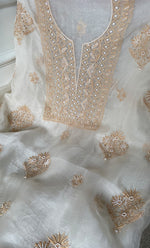 将图像加载到图库查看器中， Women&#39;s Lakhnavi Handcrafted Pure Organza Chikankari Unstitched Kurta And Dupatta Set- HONC0308250
