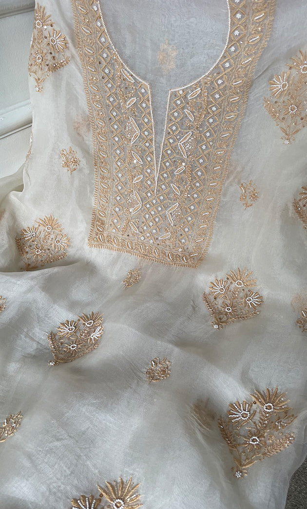 Women's Lakhnavi Handcrafted Pure Organza Chikankari Unstitched Kurta And Dupatta Set- HONC0308250