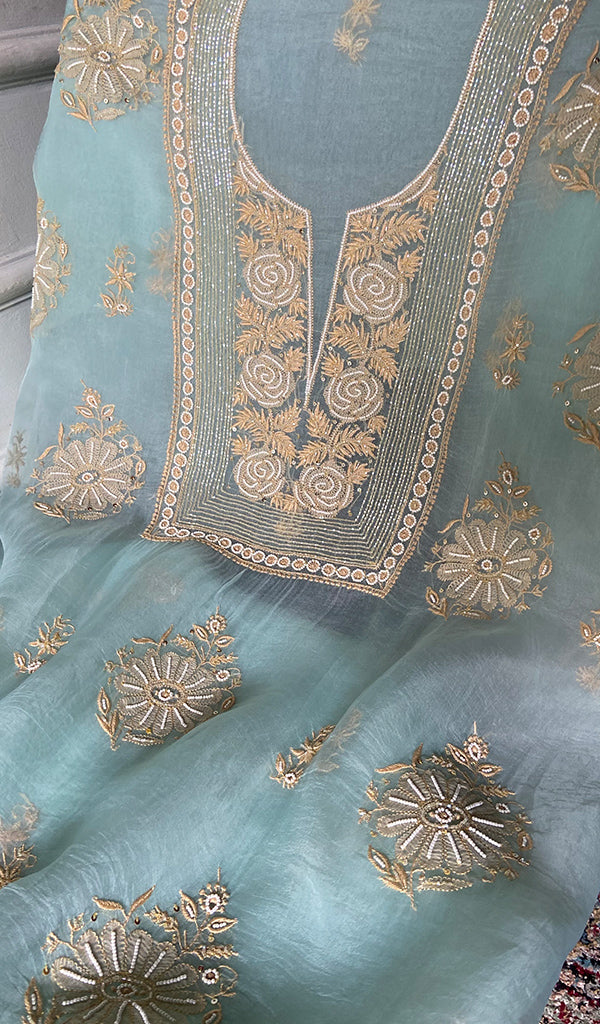 Mayuri Women's Lakhnavi Handcrafted Pure Organza Silk Chikankari Unstitched Full Suit Material - HONC0351132
