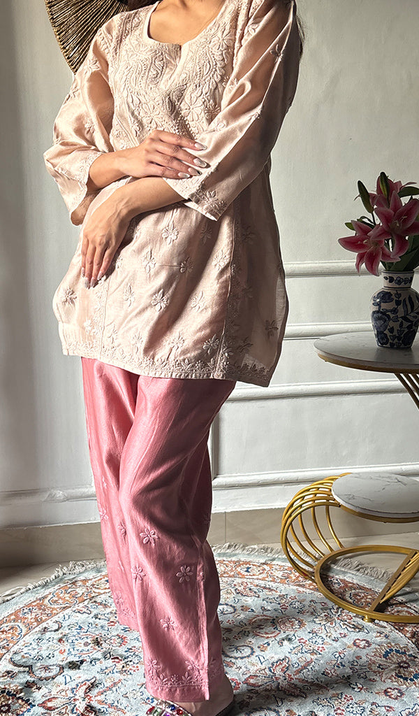 Imara Women's Lakhnavi Handcrafted Chanderi Silk Chikankari Top And Pant Set - HONC0340439