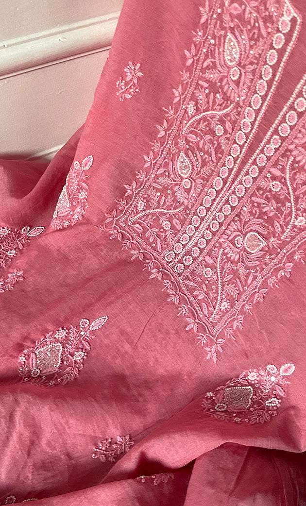 Women's Lakhnavi Handcrafted Mul Chanderi Unstitched Chikankari Full Suit Material - HONC0295753