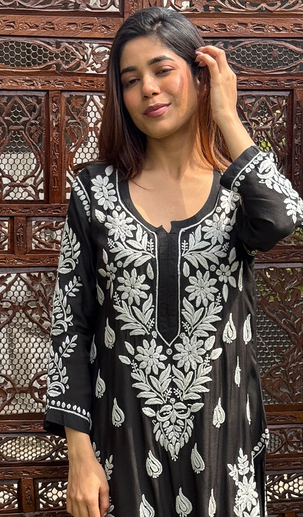 Women's Lakhnavi Handcrafted Modal Cotton Chikankari Kurta And Palazzo Set - HONC0200274
