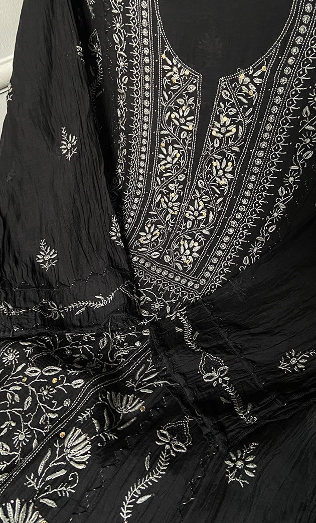 Women's Lakhnavi Handcrafted Mul Chanderi Semi - Stitched Kurta And Dupatta Set - HONC0157508