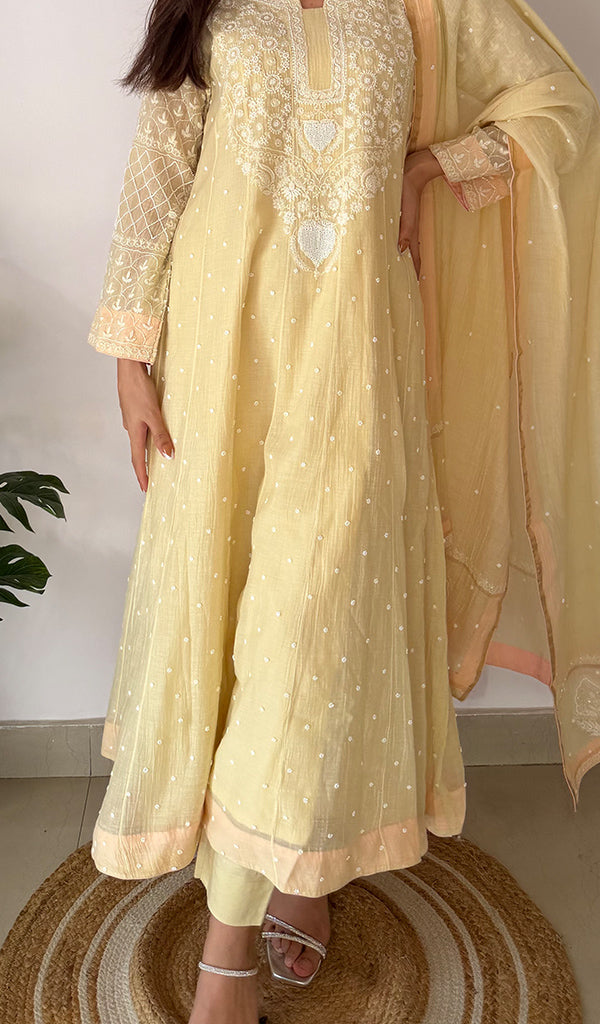 Women's Lucknowi Handcrafted Mul Chanderi Stitched Chikankari Anarkali , Dupatta With pant Set- HONC0328254