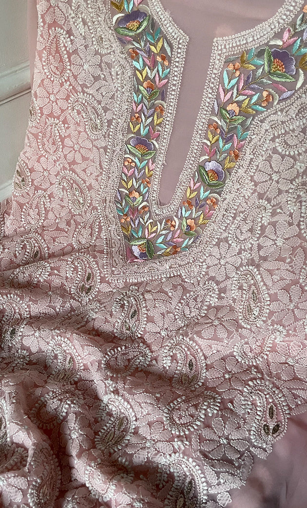 Women's Lakhnavi Handcrafted Unstitched Faux-Georgette Chikankari Suit Material - HONC0291829