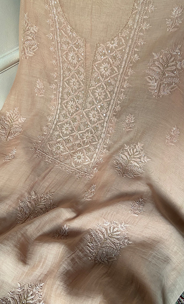 Women's Lakhnavi Handcrafted Mul Chanderi Unstitched Chikankari Full Suit Material - HONC0328132