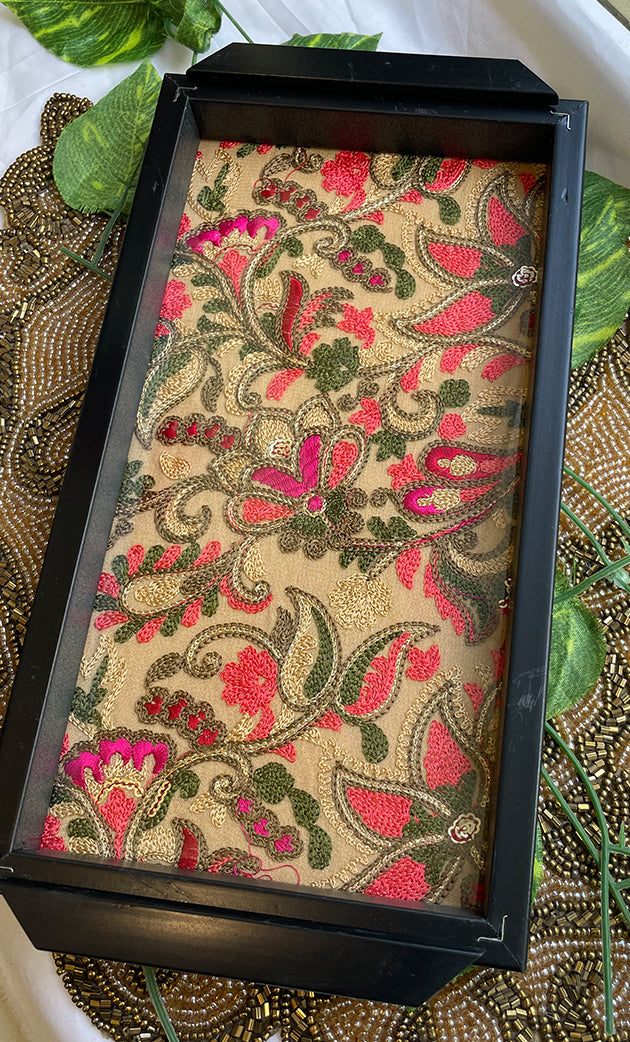 Handcrafted Chikankari Tray with Two Coasters – Wooden Frame - HONC0295560