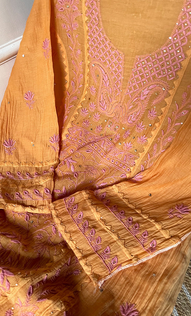 Women's Lakhnavi Handcrafted Mul Chanderi Semi - stitched Kurta And Dupatta Set- HONC0282409