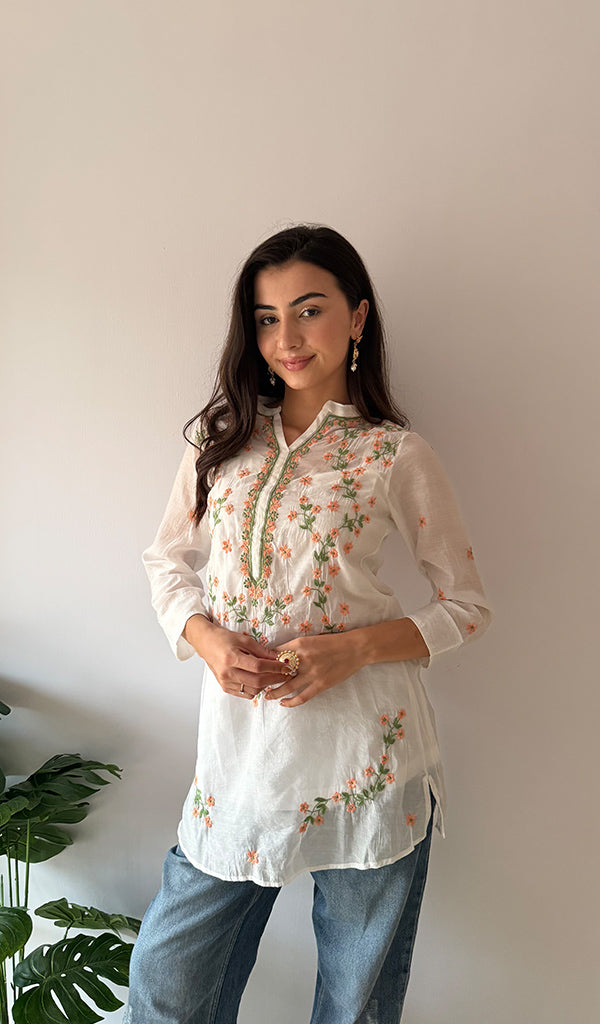 Sophia Women's Lakhnavi Handcrafted Mul Chanderi Chikankari Top - HONC0373010