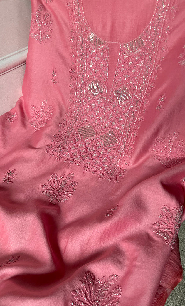 Women's Lakhnavi Handcrafted Chanderi Silk Unstitched Chikankari Kurta And Dupatta Set - HONC0307156