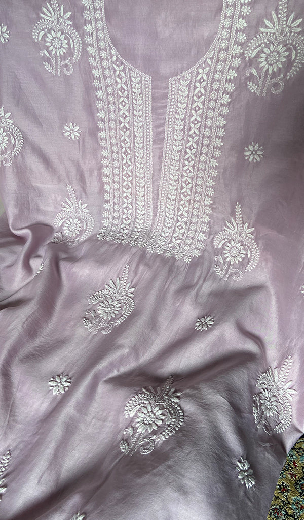 Women's Lakhnavi Handcrafted Chanderi Silk Unstitched Chikankari Full Suit - HONC0340146