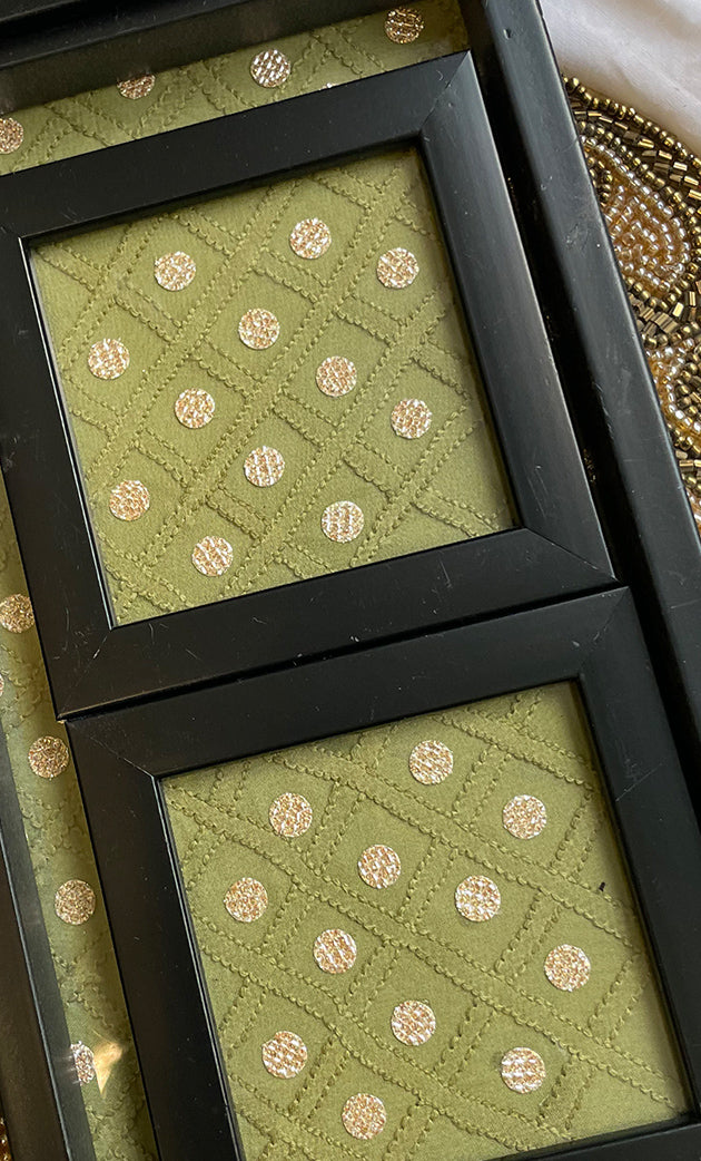 Handcrafted Chikankari Tray with Two Coasters – Wooden Frame - HONC0295558