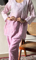 Load image into Gallery viewer, Imara Women's Lakhnavi Handcrafted Chanderi Silk Chikankari Top And Pant Set - HONC0340441
