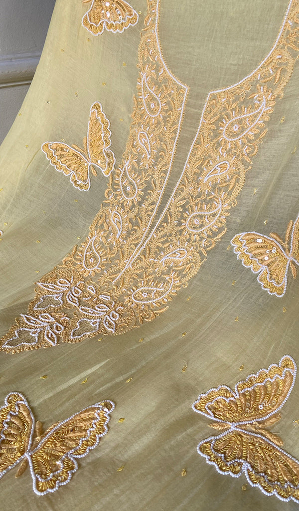 Women's Lakhnavi Handcrafted Mul Chanderi Unstitched Chikankari Full Suit Material - HONC0339581