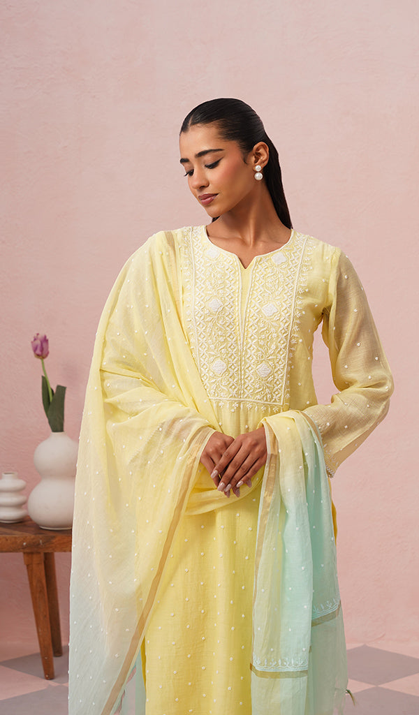 Jazba Women's Lakhnavi Handcrafted Mul Chanderi Chikankari Stitched Kurta, Dupatta And Pant Set - HONC0469874
