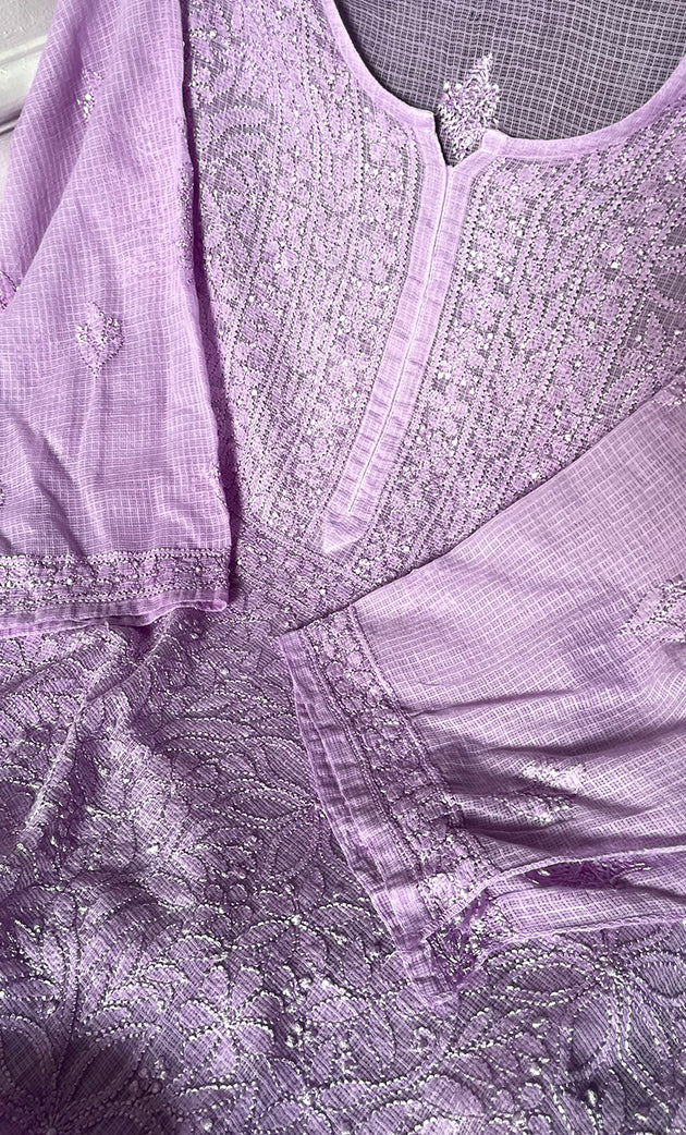 Women's Lakhnavi Handcrafted Kota Cotton Semi - Stitched Kurta And Dupatta Set- HONC0314210