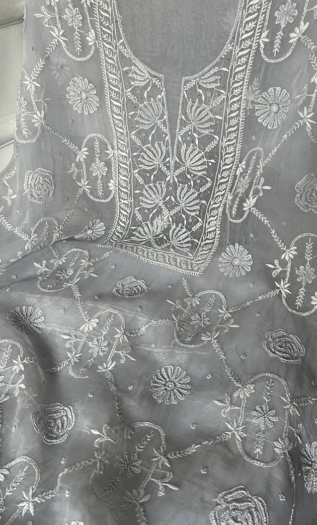 Women's Lakhnavi Handcrafted Pure Organza Chikankari Unstitched Kurta And Dupatta Set- HONC0311253