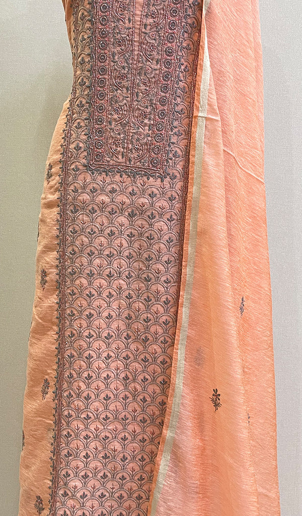 Women's Lakhnavi Handcrafted Chanderi Silk Chikankari Full Suit Material - HONC0127259
