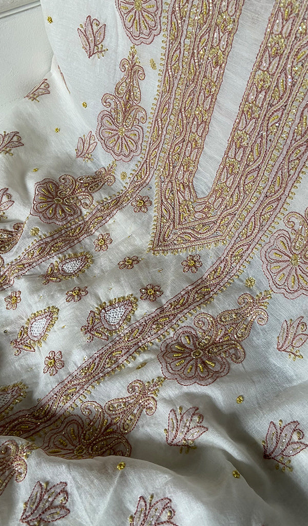 Women's Lakhnavi Handcrafted Mul Chanderi Unstitched Kurta And Dupatta Set - HONC0365501