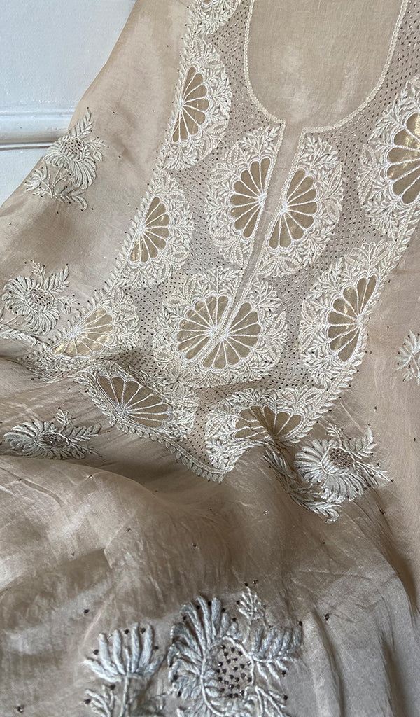 Women's Lakhnavi Handcrafted Pure Organza Chikankari Unstitched Kurta And Dupatta Set- HONC0341960