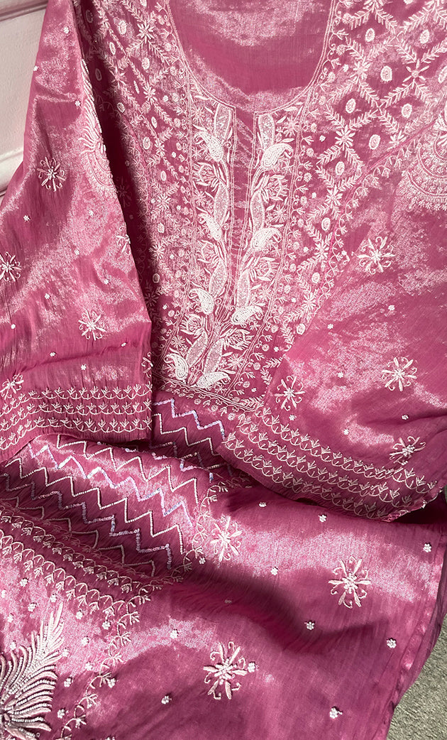 Women's Lakhnavi Handcrafted Tissue Chanderi Semi-Stitched Anarkali And Dupatta Set - HONC0323636