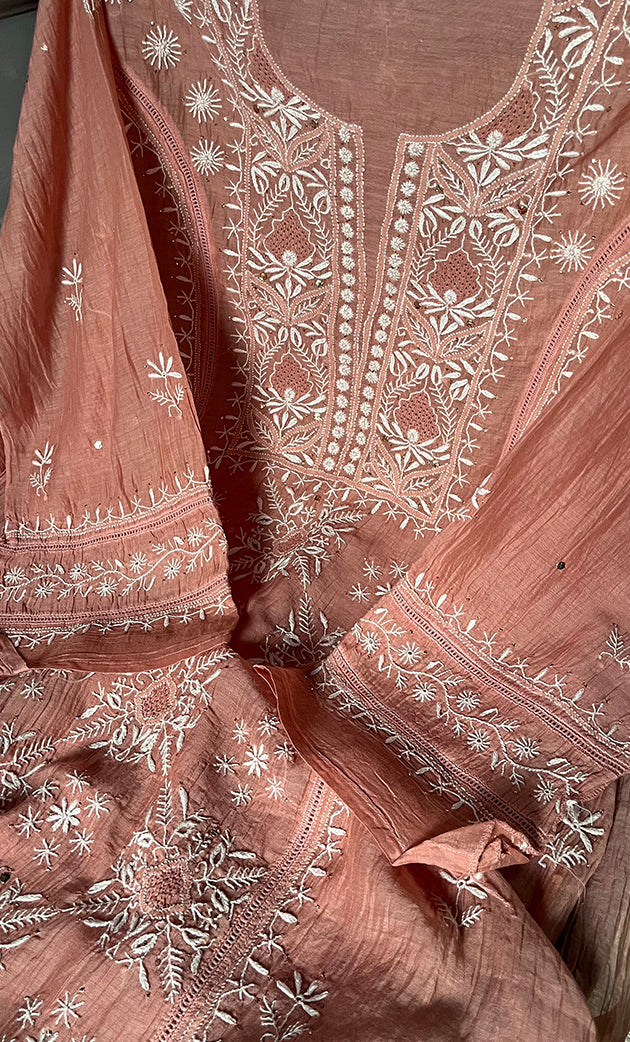Women's Lakhnavi Handcrafted Mul Chanderi Semi - Stitched Kurta And Dupatta Set - HONC0284757