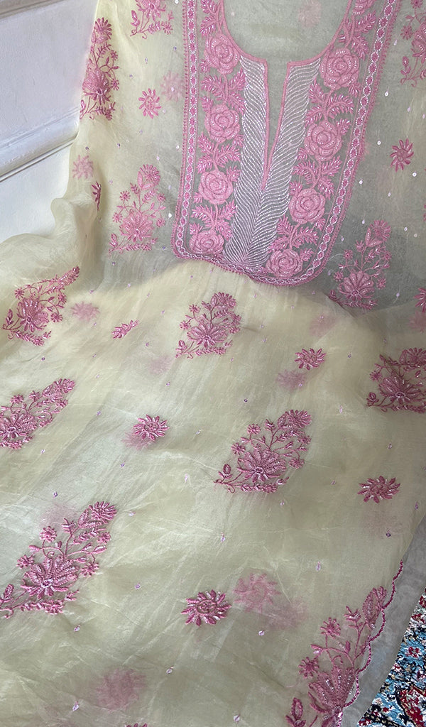 Women's Lakhnavi Handcrafted Pure Organza Chikankari Unstitched Kurta And Dupatta Set- HONC0361461