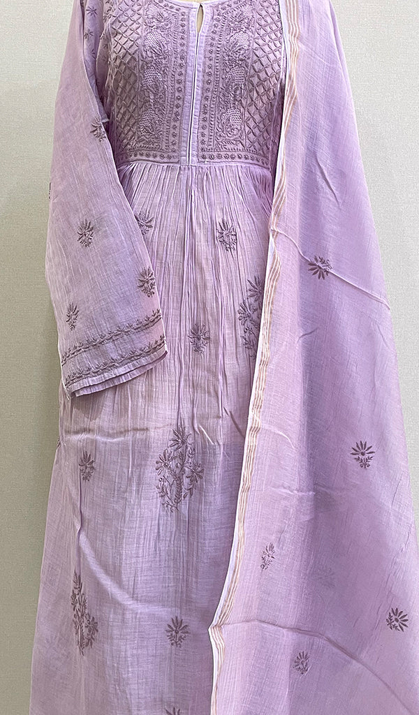Women's Lakhnavi Handcrafted Mul Chanderi Semi - Stitched Chikankari Kurta Dupatta Set - HONC0178658