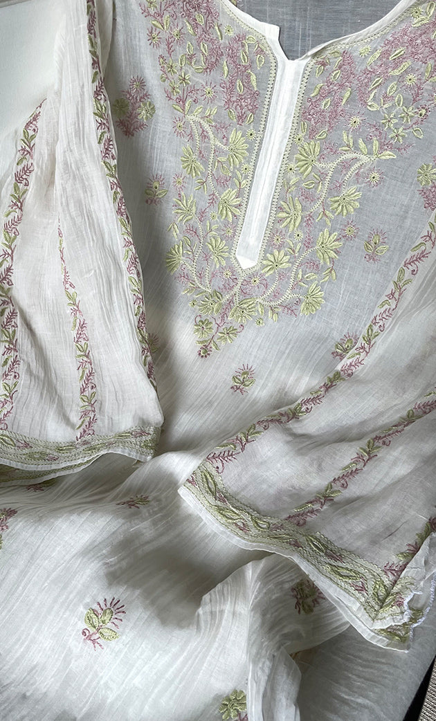 Women's Lakhnavi Handcrafted Mul Chanderi Semi - Stitched Kurta And Dupatta Set - HONC0314225