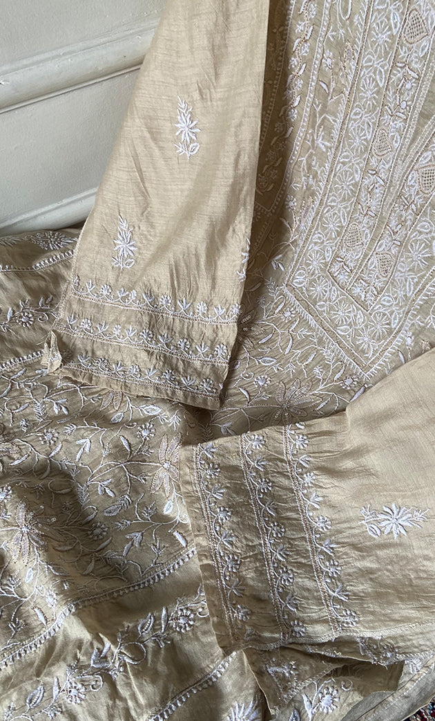 Women's Lakhnavi Handcrafted Munga Silk Semi - Stitched Chikankari Kurta And Dupatta Set- HONC0246919