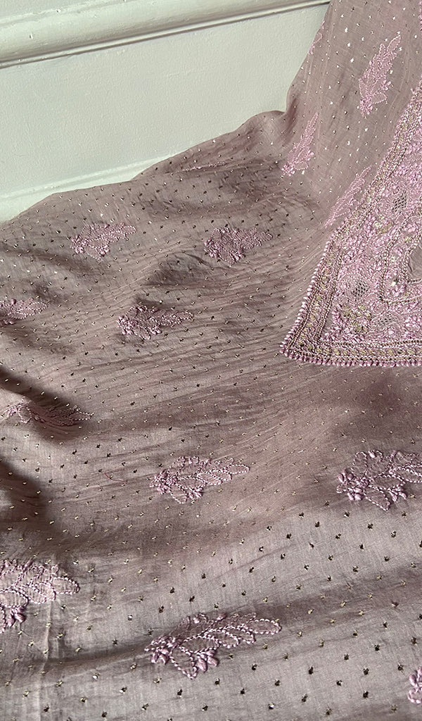 Women's Lakhnavi Handcrafted Mul Chanderi Unstitched Kurta And Dupatta Set - HONC0320358