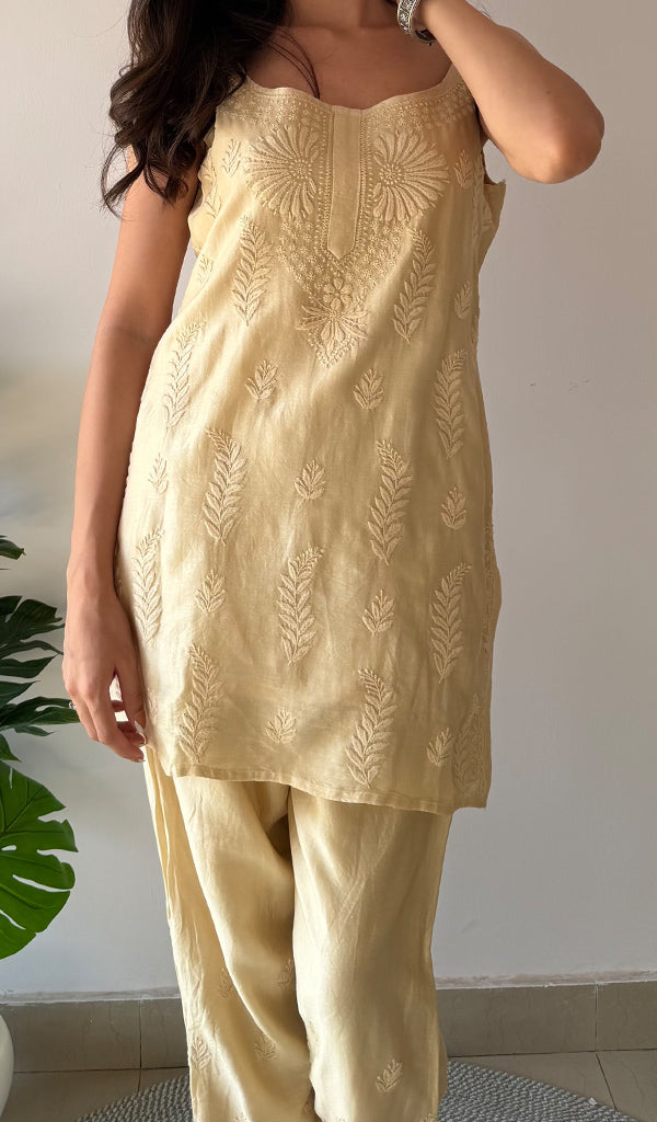 Amreena Women's Lakhnavi Handcrafted Chanderi Silk Chikankari Top And Pant Set - HONC0373458
