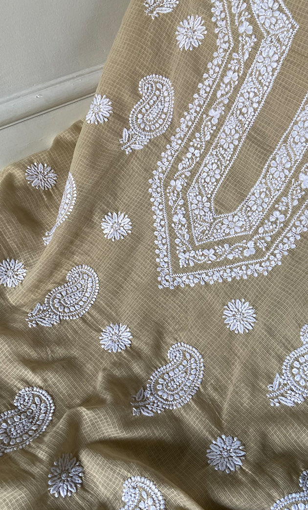 Women's Lucknowi Handcrafted Kota Cotton Chikankari Unstitched Kurta And Dupatta Set - HONC0340099