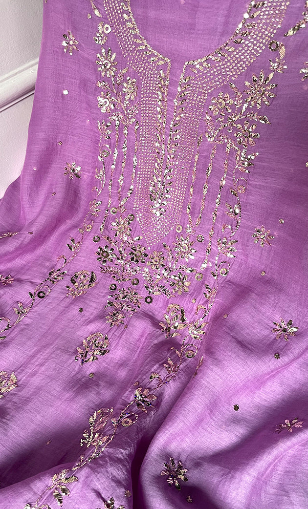 Women's Lakhnavi Handcrafted Mul Chanderi Unstitched Chikankari Full Suit Material - HONC0323631