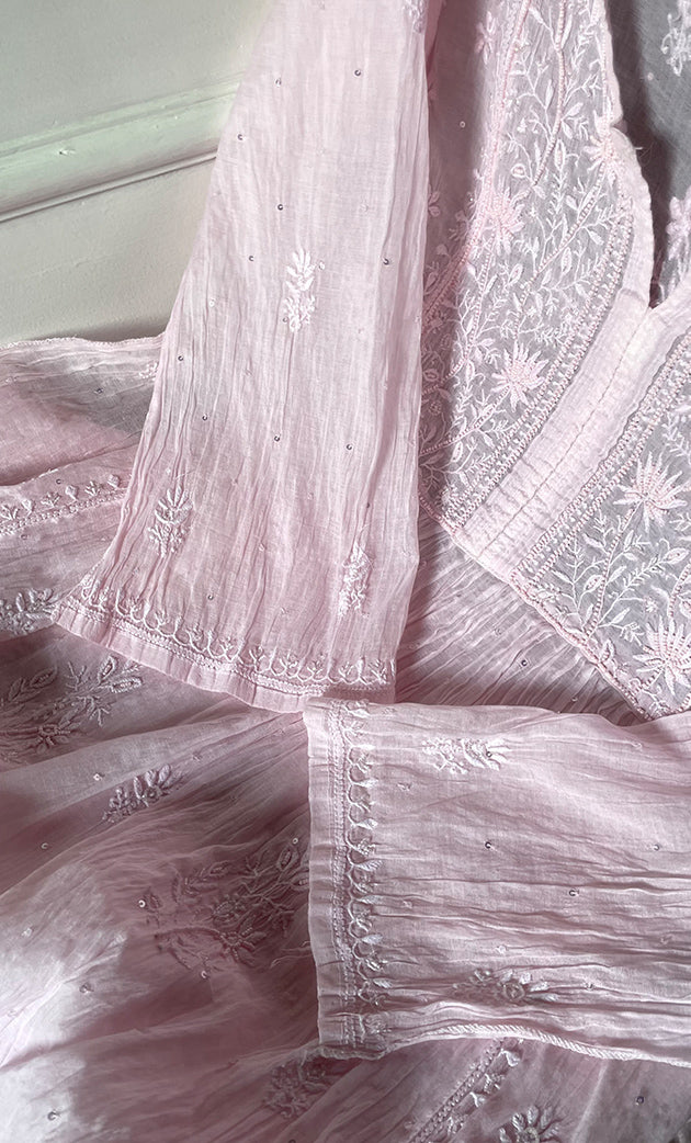 Women's Lakhnavi Handcrafted Mul Chanderi Semi - stitched Chikankari Full Suit Material - HONC0319559