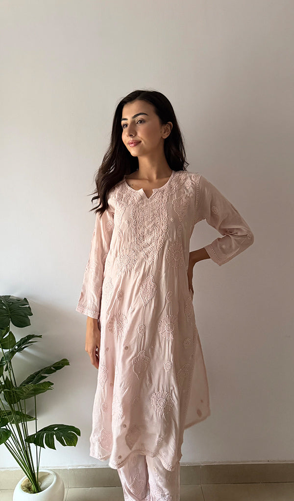 Vedika Women's Lakhnavi Handcrafted Muslin  Chikankari Kurti And Plazzo Set - HONC0371318