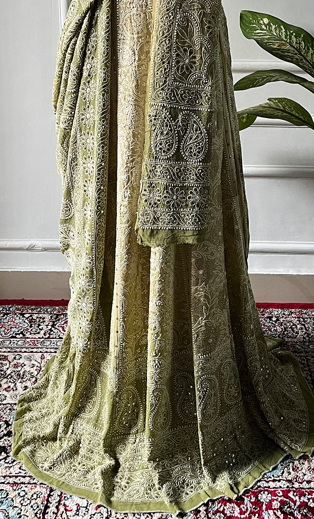 Women's Lakhnavi Handcrafted Bridal Pure Georgette Chikankari Lehenga Set - HONC0271838