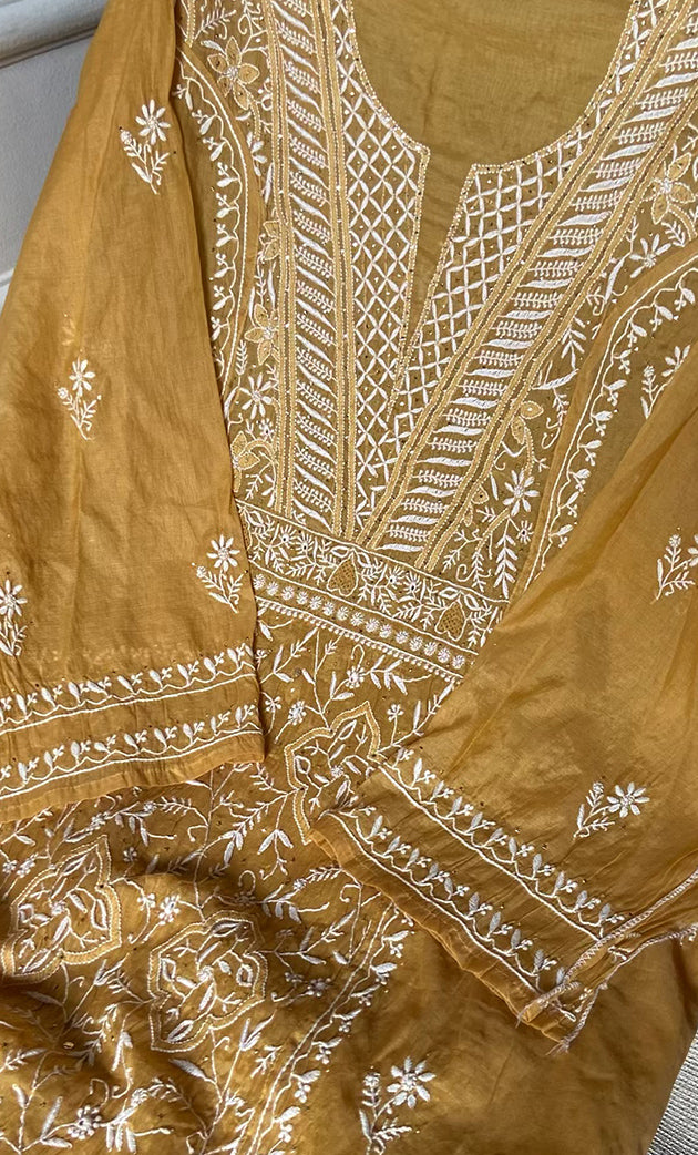 Women's Lakhnavi Handcrafted Mul Chanderi Semi - stitched Kurta And Dupatta Set- HONC0284742