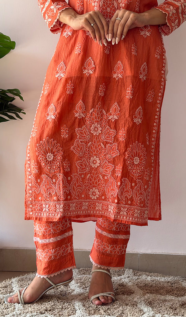 Women's Lucknowi Handcrafted Mul Chanderi Stitched Chikankari Kurta And Plazzo Set- HONC0378824