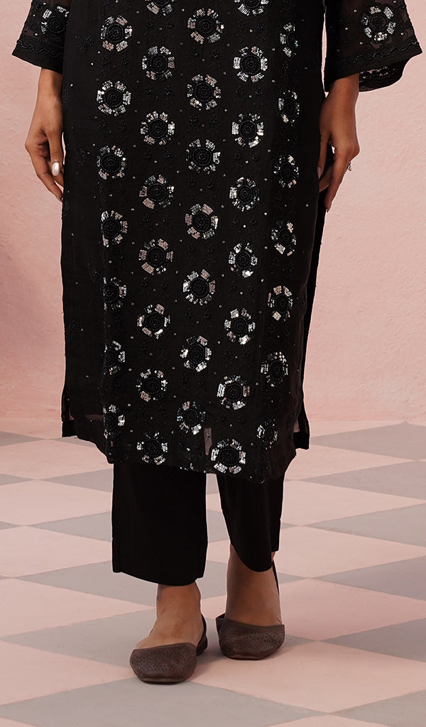 Women's Lucknowi Handcrafted Pure Organza Silk Stitched Chikankari Kurta, Dupatta With Pant Set- HONC0546598