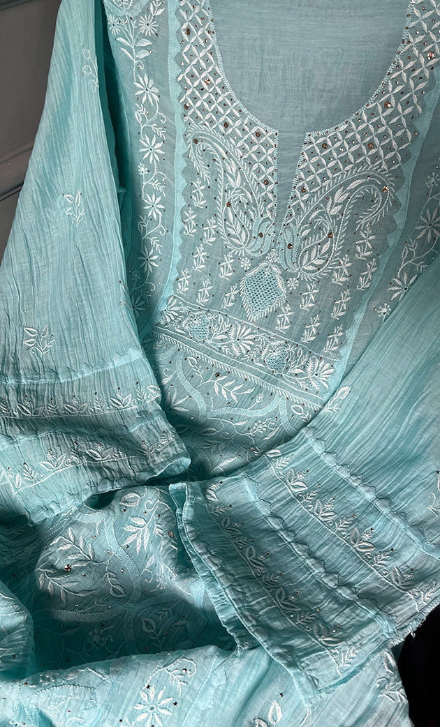 Women's Lakhnavi Handcrafted Mul Chanderi Semi - Stitched Kurta And Dupatta Set - HONC0281966