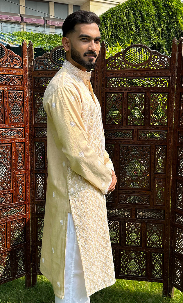 Men's Lucknowi Handcrafted Tissue Chanderi Chikankari Kurta - HONC0321236
