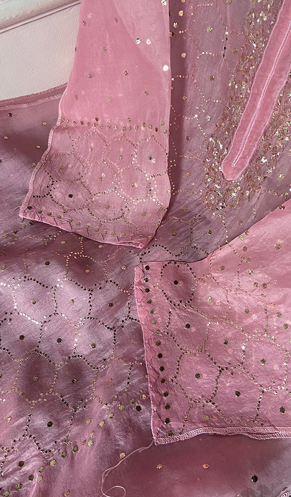 Women's Lucknowi Handcrafted Pure Organza Silk Chikankari Semi- stitched Kurta Dupatta Set- HONC0334805