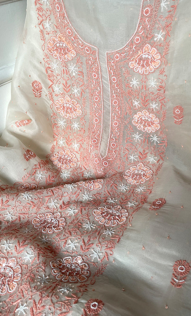 Women's Lakhnavi Handcrafted Pure Organza Chikankari Unstitched Kurta And Dupatta Set- HONC0321297
